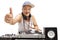 Elderly DJ playing music and making thumb up sign