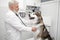 Elderly doctor examining malamute with stethoscope.