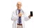 Elderly doctor showing a phone and pointing