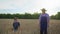 Elderly farmer grandfather with his grandson in straw hat walks through wheat fields inspecting harvest