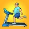 An elderly fat man treadmill, sports equipment for training. fitness room