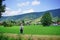 Elderly female hiker takes in the Bavarian Countryside