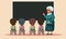 Elderly Female Teacher Character Giving Instructions To Her Students In Front of Empty Blackboard. Happy Teachers Day