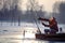 Elderly fisherman fishing on frozen lake