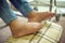 Elderly foot care, old woman with swollen feet, UK