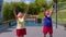 Elderly grandmother and grandfather pensioners family engaged in sports doing stretching cardio