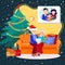 Elderly grandparents calling family on Christmas. Happy husband, wife and kid have New Year video conference with