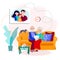 Elderly grandparents calling family using tablet. Happy husband, wife and kid have video conference with grandma and
