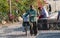 An elderly Indian street vendor walking with his bicycle