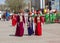 Elderly Kalmyk women in national costumes and headdresses. Elista. Republic of Kalmykia. Russia