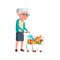 elderly lady go grocery shopping with cart cartoon vector
