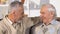 Elderly male friends talking and hugging, meeting brothers, holiday greeting