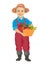 Elderly male gardener wearing overalls carrying basket of fresh vegetables