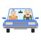The elderly man behind the wheel of a car.The passenger is an elderly woman.A blue car with red seats.Flat illustrations. Cartoon