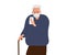 Elderly man with cane looking at her smartphone. Senior man with gray hair and beard holding mobile phone. Senior
