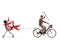 Elderly man with cane riding a bicycle and pulling a shopping ca