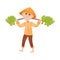 Elderly man carries a long pole on his shoulders with bunches of green sprouts. Vector illustration.