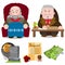 Elderly man in the chair, the man at the table, grave, will, money. Cartoon characters