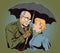 Elderly man closes the girl from the rain umbrella.