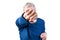 An elderly man demonstrates fist fight. Isolated on a white background