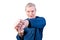 An elderly man demonstrates fist fight. Isolated on a white background