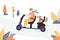 Elderly man driving electric scooter. Older male character driving through park