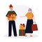 Elderly man gives Xmas present to old lady. Cartoon grandfather give holiday gift. Concept of celebrating new year