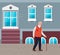 Elderly man with glasses and cane walking down the street. Vintage house with porch and socle