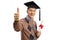 Elderly man with a graduation hat holding a diploma and giving thumbs up