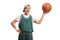 Elderly man in a green jersey holding a basketball