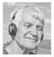 Elderly man in headphones with closed eyes listening to music and smiling. Black white portrait. Line effect for photo