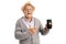 Elderly man holding a mobile phone with a broken screen and smiling