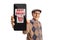 Elderly man holding a smartphone with text shop online