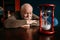 Elderly man looking on sandglass in home office