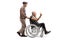 Elderly man pushing a man making a rock and roll hand sign in a wheelchair