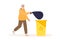 Elderly man puts garbage bag in garbage can. Black trash bag, yellow trash container. Senior man with gray hair and