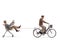 Elderly man riding a bicycle and pulling a shopping cart with a