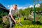 An elderly man with scissors for cutting bushes shear boxwood in shape of ball