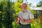 An elderly man with scissors for cutting bushes shear boxwood in shape of ball