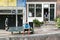 elderly man sits with two dogs in doorway of canal house in amsterdam
