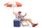 Elderly man sitting on a deckchair under umbrella with cooling box and showing thumbs up