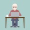 Elderly man sitting front of computer on work table icon