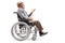 Elderly man sitting in a wheelchair and gesturing a conversation