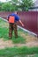 An elderly man sprays ragweed and other weeds with chemicals from a sprayer on a rural street on a summer day.