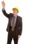 Elderly man suit hardhat hand up