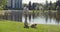 Elderly man walking dog in park by lake.