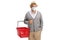 Elderly man wearing medical face mask and holding an empty shopping basket