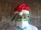 elderly man wearing protective green glasses, white medical mask and dressing gown, blue beard and hair in Santa Claus hat. Xmas