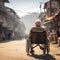 Elderly man in wheelchair strolling in Kathmandu city, rear view