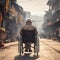 Elderly man in wheelchair strolling in Kathmandu city, rear view